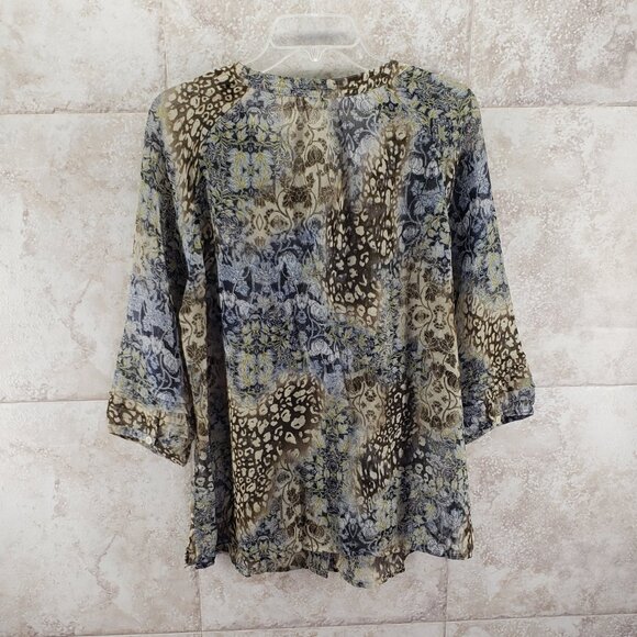 Button Front Floral Leopard Sheer Tiered 3/ 4 Sleeve Tunic Liz Claiborne Size M - Picture 2 of 7